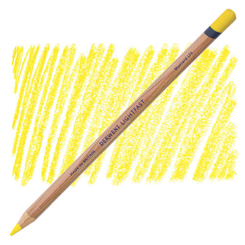 Derwent Lightfast oil-based coloured pencils in Mustard, pack of 6, shown fanned out on a white background