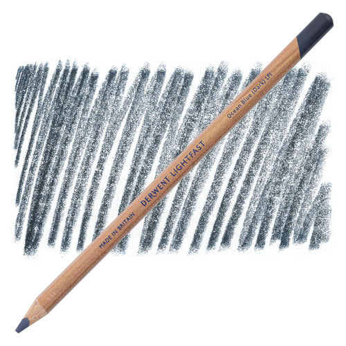 Derwent Lightfast Ocean Blue Dark pencils, pack of 6, showing oil-based coloured pencils with vibrant blue tone
