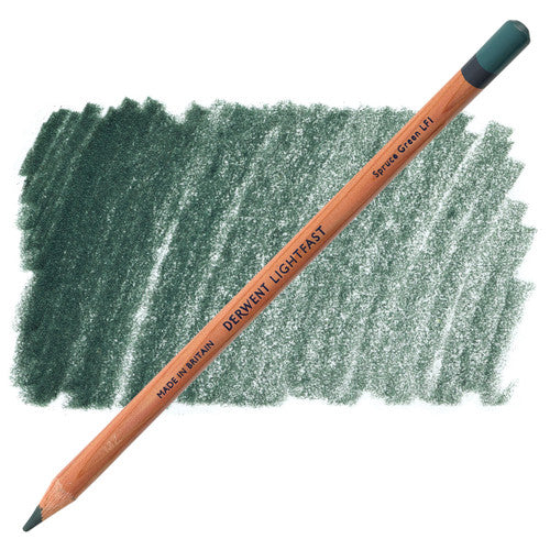 Derwent Lightfast oil-based coloured pencils in Spruce Green, pack of 6, shown fanned out on a white background