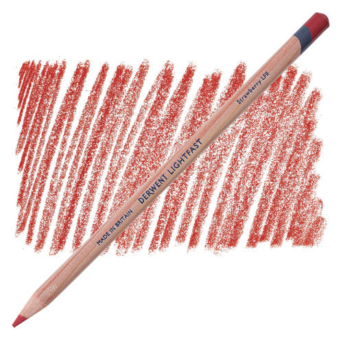 Derwent Lightfast oil-based coloured pencils in Strawberry, pack of 6, shown fanned out on a white background