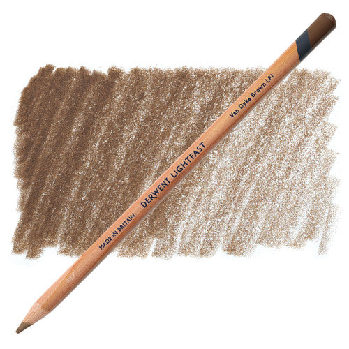 Derwent Lightfast Van Dyke Brown oil-based coloured pencils, pack of 6, shown fanned out on a white background