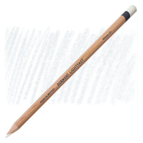 Derwent Lightfast White oil-based coloured pencils, pack of 6, shown in a row displaying their white barrels and colour-coded end caps