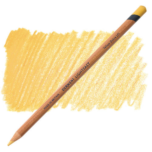 Derwent Lightfast Pencil Yellow Ochre Pack of 6. Pack of 6 Derwent Lightfast Yellow Ochre oil-based coloured pencils with vibrant swatch.