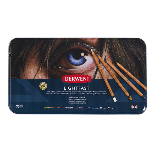 Derwent Lightfast oil-based coloured pencils in a tin set of 72, showing the full colour range fanned out