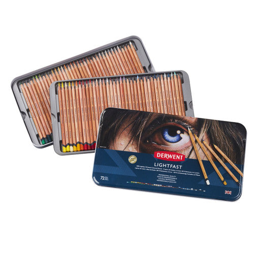Derwent Lightfast Pencils Tin of 72. Derwent Lightfast 72-pencil tin open to reveal neatly arranged pencils in presentation packaging.