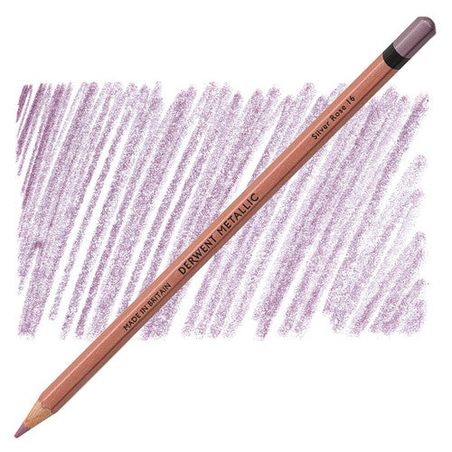 Derwent Metallic Coloured Pencil Silver Rose Box of 6. Derwent Metallic Coloured Pencils in Silver Rose, box of 6 pencils with metallic barrel finish.