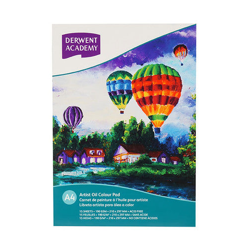 Derwent Academy Oil Colour Pad A4 Portrait 15 Sheets Box of 5. Derwent Academy Oil Colour Pad A4 Portrait showing front cover and 15-sheet pad.