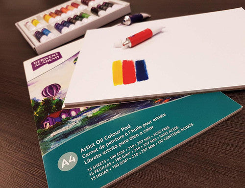 Derwent Academy Oil Colour Pad A4 Portrait 15 Sheets Box of 5. Open Derwent Academy Oil Colour Pad displaying textured paper sheets ready for painting.