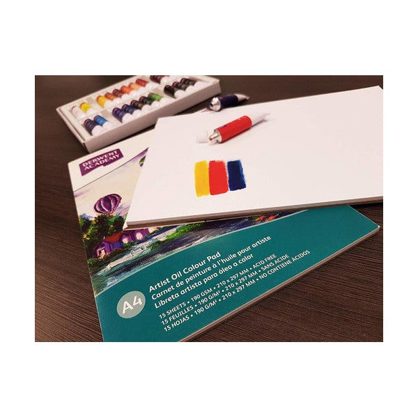 Derwent Academy Oil Colour Pad A4 Portrait 15 Sheets Box of 5. Open Derwent Academy Oil Colour Pad displaying textured paper sheets ready for painting.