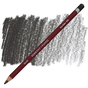 Derwent Pastel Pencil Burnt Umber P540 laid diagonally across a shaded swatch of the same colour on white, maroon barrel with DERWENT PASTEL lettering