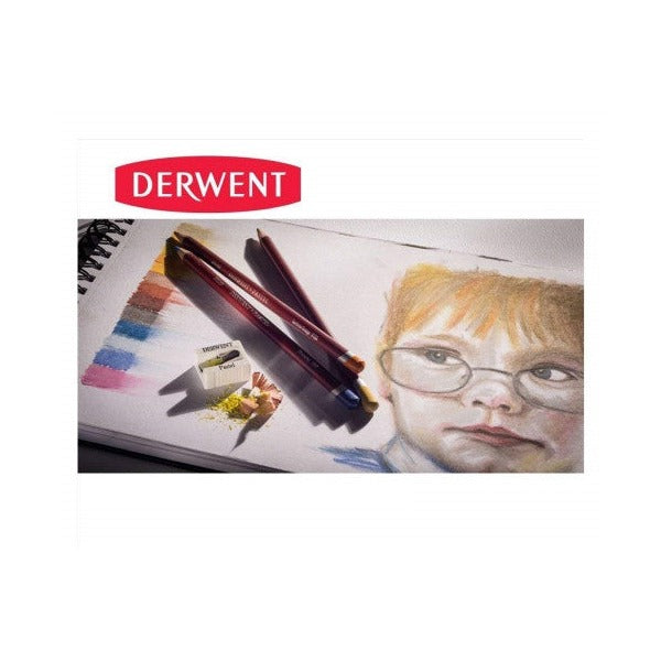 Derwent Pastel Pencils range image of pastel pencils resting on a pastel portrait of a boy in glasses, under the Derwent logo