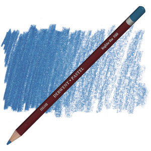 Derwent Pastel Pencil Kingfisher Blue P380 laid diagonally across a shaded swatch of the same colour on white, maroon barrel with DERWENT PASTEL lettering