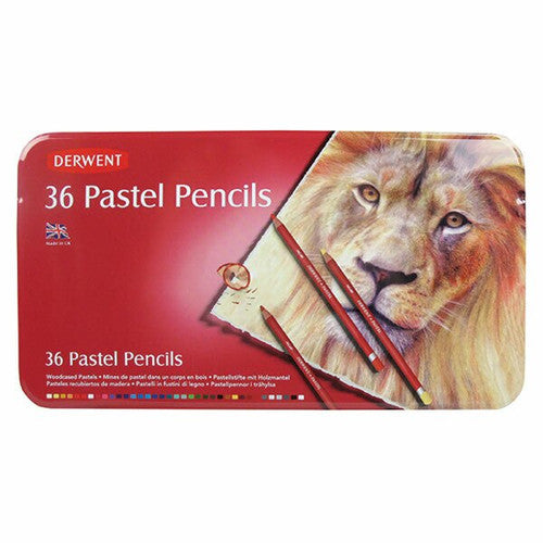 Derwent Academy Pastel Pencils Assorted Tin 36 Box of 2. Derwent Academy Pastel Pencils assorted tin of 36, front view showing labelled lid.