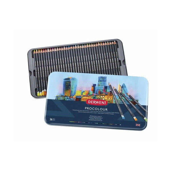 Open Derwent Procolour 36 tin with a full row of coloured pencils in the tray and the city skyline lid laid in front