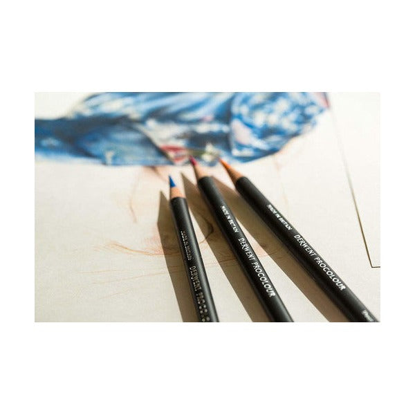 Three Derwent Procolour pencils resting on a coloured pencil drawing of a patterned blue fabric