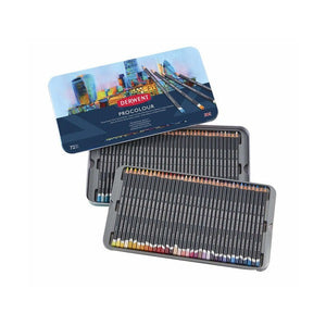 Derwent Procolour 72 tin with the illustrated city skyline lid on top and two trays of coloured pencils fanned out below
