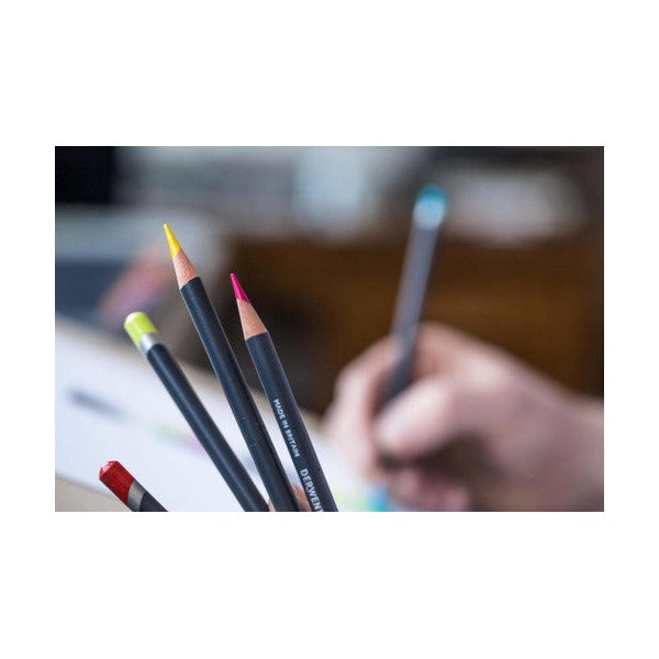 Derwent Procolour Pencil Prussian Blue Box of 6. Derwent Procolour Prussian Blue pencil laying on white paper with colour swatch.
