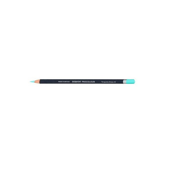 Derwent Procolour Pencil Turquoise Green, colour 41: a single sharpened pencil with a dark printed barrel and an end cap in the Turquoise Green colour, lying flat on white.