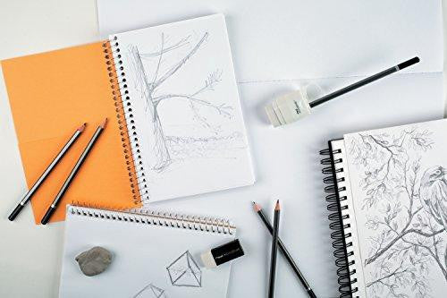 Derwent Academy Sketch Book A2 Portrait 20 Pages Pack of 5. Derwent Academy Sketch Book open to a blank page, showing spiral wire binding and card cover.