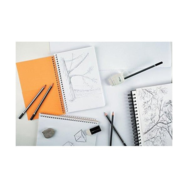 Derwent Academy Sketch Book A2 Portrait 20 Pages Pack of 5. Derwent Academy Sketch Book open to a blank page, showing spiral wire binding and card cover.