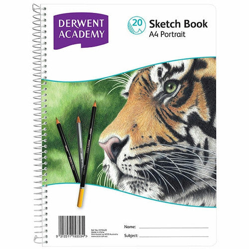 Derwent Academy Sketch Book Polypropylene A4 Portrait 20 Sheets. Derwent Academy A4 Portrait Sketch Book with polypropylene cover, front view on white background.