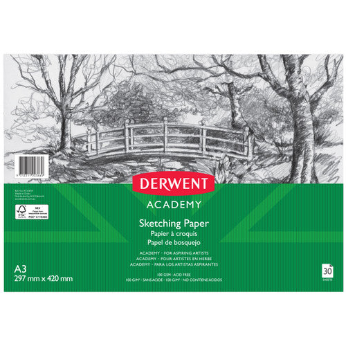 Derwent Academy Sketch Pad A3 Portrait 30 Sheets Box of 5. Derwent Academy A3 portrait sketch pad showing the front cover with 30-sheet cartridge paper.