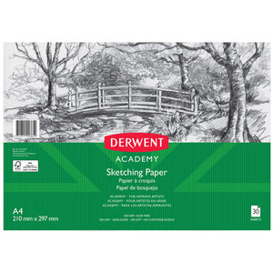 Derwent Academy Sketch Pad A4 Landscape 30 Sheets Box of 5. Derwent Academy A4 landscape sketch pad showing cover and spiral binding.