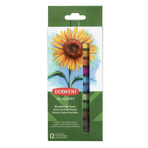 Derwent Academy Soft Pastels assorted pack of 12 displayed in their packaging on a white background