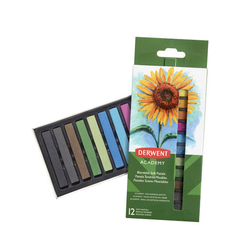 Derwent Academy Soft Pastels Assorted Pack of 12. Close-up of Derwent Academy soft pastel sticks showing assorted bright colours.