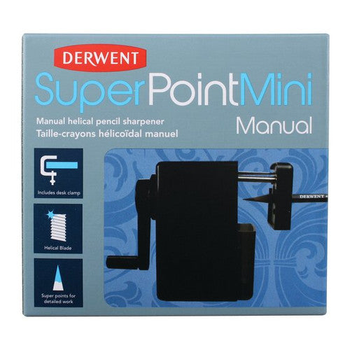 Derwent Super Point Mini Manual Sharpener front view showing transparent shavings reservoir and desk clamp