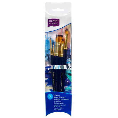 Derwent Academy Taklon Small Paint Brush Set Pack of 6 Box of 5. Derwent Academy Taklon small paint brush set showing six brushes including round and fan styles.