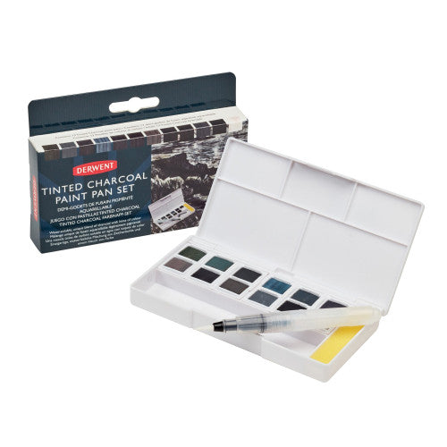 Derwent Academy Tinted Charcoal Paint Pan Set Pack of 6. Derwent Academy Tinted Charcoal Paint Pan Set showing the full pack of 6 sets.