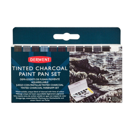 Derwent Academy Tinted Charcoal Paint Pan Set Pack of 6. Open Derwent Academy tinted charcoal paint pan set displaying 12 colour pans.