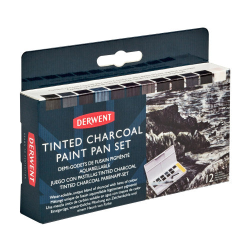 Derwent Academy Tinted Charcoal Paint Pan Set Pack of 6. Close-up of Derwent Academy tinted charcoal paint pans in muted earth tones.