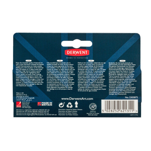 Derwent Academy Tinted Charcoal Paint Pan Set Pack of 6. Derwent Academy set with mini waterbrush, sponge and 5 mixing palettes laid out.