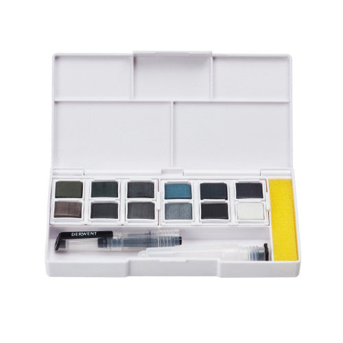 Derwent Academy Tinted Charcoal Paint Pan Set Pack of 6. Derwent Academy tinted charcoal colour palette swatches from Dark Moss to White.
