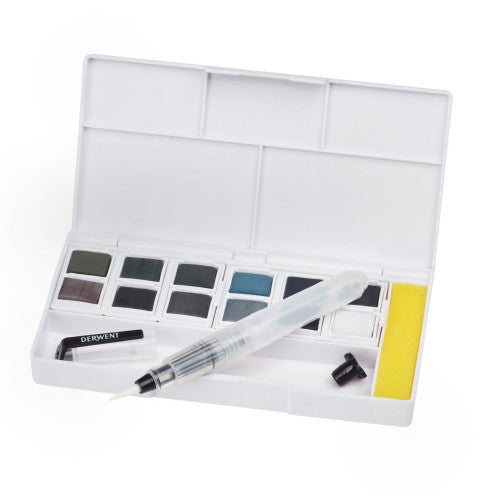 Derwent Academy Tinted Charcoal Paint Pan Set Pack of 6. Compact Derwent Academy paint pan set closed, showing portable travel-ready design.