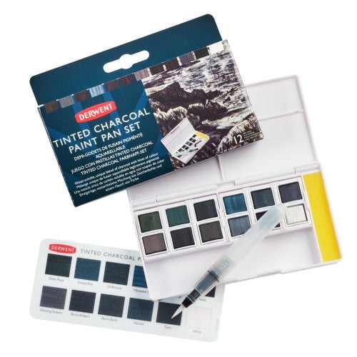 Derwent Academy Tinted Charcoal Paint Pan Set Pack of 6. Derwent Academy tinted charcoal artwork demonstrating matte textured finish.