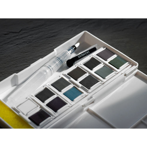 Derwent Academy Tinted Charcoal Paint Pan Set Pack of 6. Derwent Academy charcoal pan set with wet blending technique on watercolour paper.