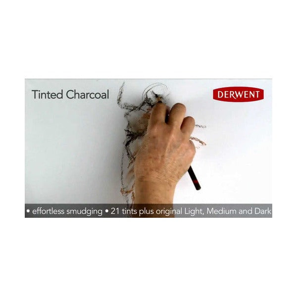 Derwent Tinted Charcoal video still with the range title and Derwent logo, a hand drawing with a charcoal pencil on white paper