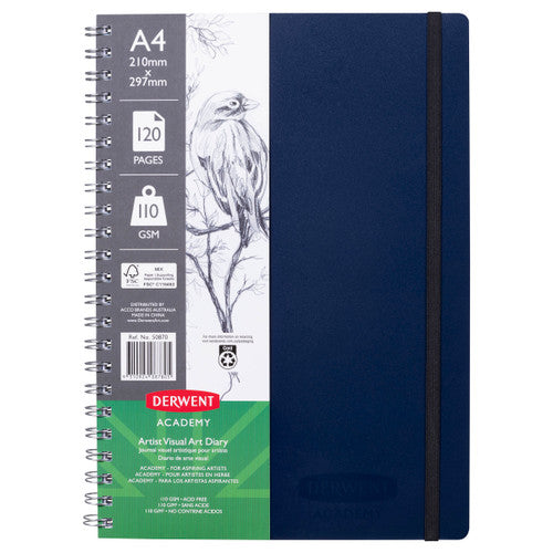 Derwent Academy Visual Art Diary A4 Portrait 120 Page Navy Pack of 10. Derwent Academy A4 Visual Art Diary with navy polypropylene cover and spiral binding.
