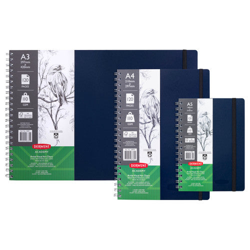 Derwent Academy Visual Art Diary A4 Portrait 120 Page Navy Pack of 10. Open Derwent Academy Visual Art Diary showing 110gsm acid-free pages lying flat.
