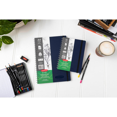 Derwent Academy Visual Art Diary A4 Portrait 120 Page Navy Pack of 10. Pack of 10 Derwent Academy A4 Navy Visual Art Diaries stacked together.