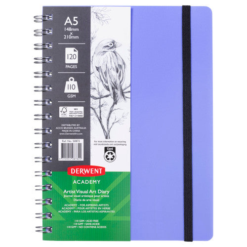 Derwent Academy Visual Art Diary A5 Portrait 120 Page Very Peri Pack of 5. Derwent Academy A5 Visual Art Diary in Very Peri showing polypropylene cover and elastic closure.