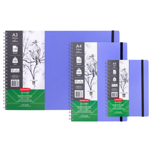 Derwent Academy Visual Art Diary A5 Portrait 120 Page Very Peri Pack of 5. Open Derwent Academy Visual Art Diary showing 110gsm spiral-bound pages lying flat.