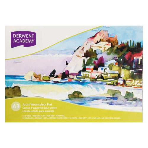 Derwent Academy Watercolour Pad A3 Landscape 12 Sheets. Derwent Academy A3 landscape watercolour pad showing front cover on white background.