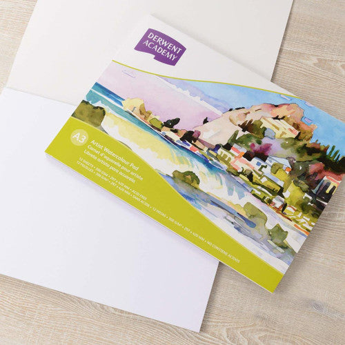 Derwent Academy Watercolour Pad A3 Landscape 12 Sheets. Close-up of pad corner showing Derwent Academy branding and A3 landscape size label.
