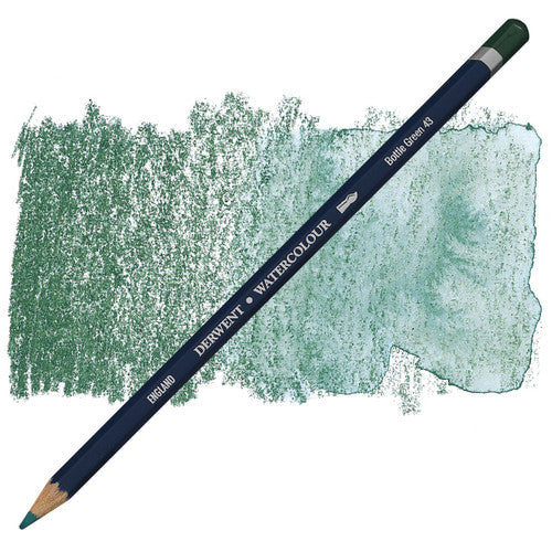 Derwent Academy Watercolour Pencil Bottle Green Box of 6. Six Derwent Academy Bottle Green watercolour pencils arranged in a row.