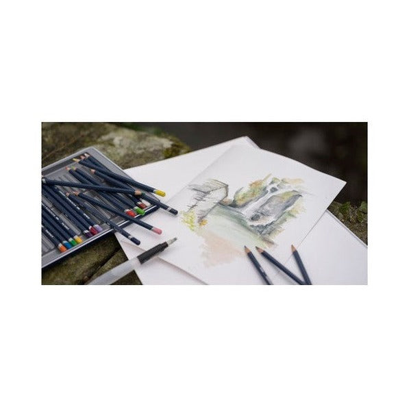 Derwent Academy Watercolour Pencil Spectrum Orange Box of 6. Artist using Spectrum Orange Derwent Watercolour Pencil to sketch on white paper.