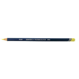 Single Derwent Watercolour pencil in Zinc Yellow lying flat, dark blue barrel printed DERWENT WATERCOLOUR with a Zinc Yellow end and sharpened point